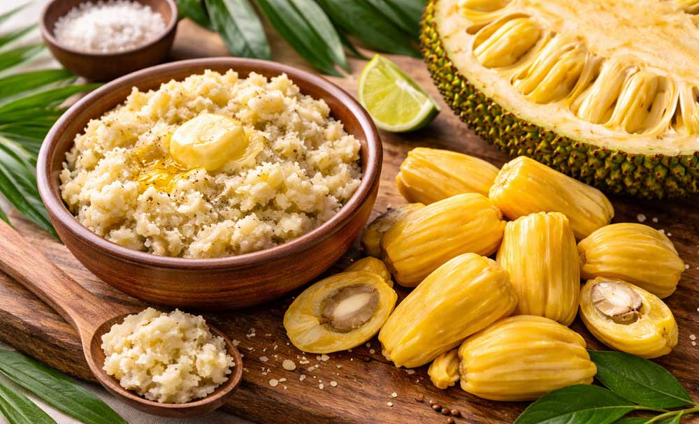 Sliced breadfruit vs jackfruit showing texture and seeds for cooking